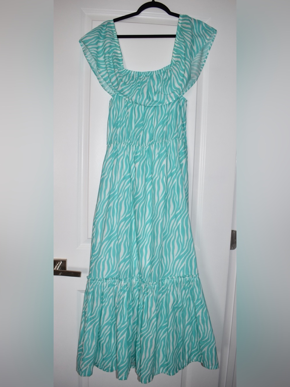 Luxury Palm Beach Poeta Aqua Zebra Print Ruffle Maxi Dress – Size Medium